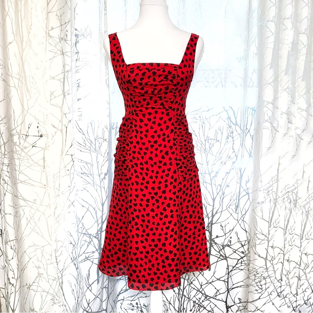 Moschino red black heart print square neck sleeveless fit & flare midi dress